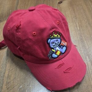 Red Distressed Cap with Bear Patch